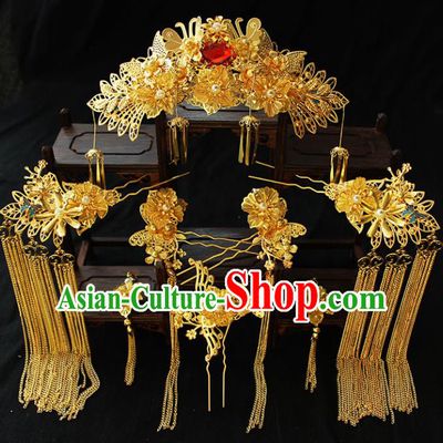 Chinese Ancient Palace Hair Accessories Traditional Classical Golden Phoenix Coronet Hairpins for Women