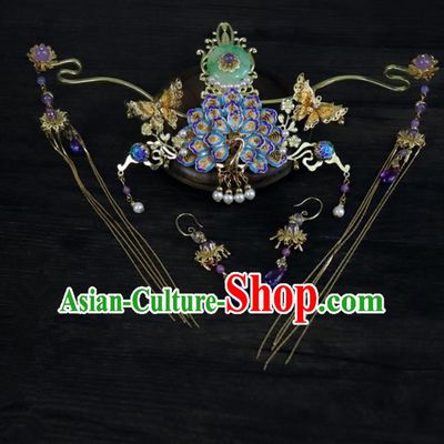 Chinese Ancient Palace Hair Accessories Traditional Classical Blueing Phoenix Coronet Hairpins for Women