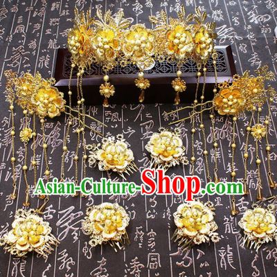 Chinese Ancient Wedding Hair Accessories Traditional Classical Golden Crown Tassel Hairpins for Women
