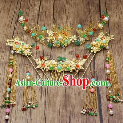Chinese Ancient Bride Phoenix Coronet Hair Accessories Traditional Classical Tassel Hairpins for Women