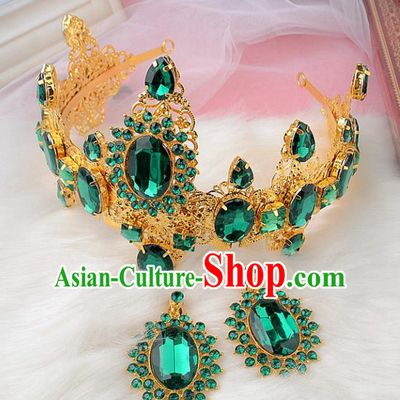 Top Grade Handmade Hair Accessories Classical Bride Green Gem Royal Crown and Earrings for Women