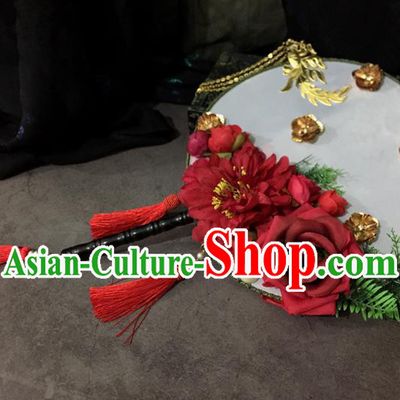 Chinese Ancient Wedding Accessories Traditional Red Peony Palace Fans for Women