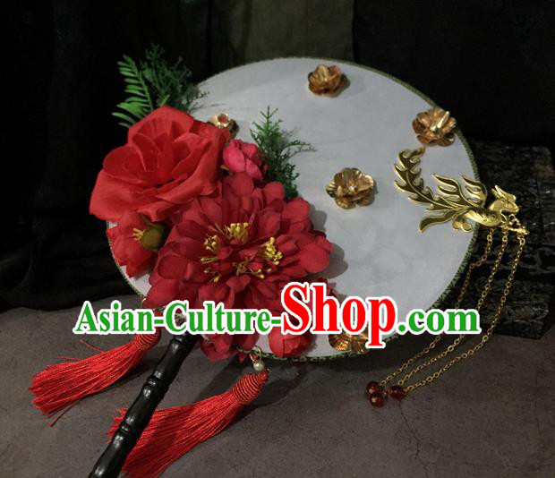 Chinese Ancient Wedding Accessories Traditional Red Peony Palace Fans for Women Chinese Ancient Wedding Accessories Traditional Red Peony Palace Fans for Women