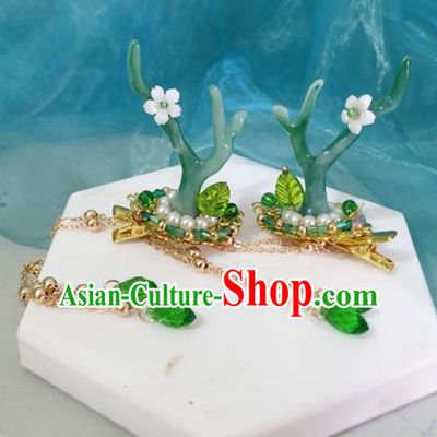 Chinese Ancient Hanfu Tassel Hair Accessories Traditional Green Dragon Horn Hair Claws Hairpins for Women