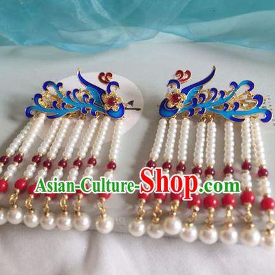 Chinese Ancient Hanfu Hair Accessories Traditional Blueing Phoenix Pearls Tassel Hair Claws Hairpins for Women