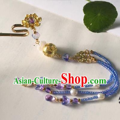 Chinese Ancient Hanfu Hair Accessories Traditional Blue Beads Tassel Lotus Hairpins for Women