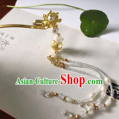 Chinese Ancient Hanfu Hair Accessories Traditional White Beads Tassel Lotus Hairpins for Women