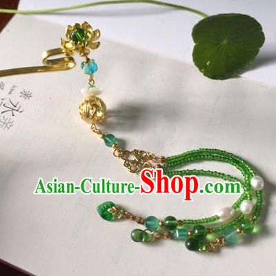 Chinese Ancient Hanfu Hair Accessories Traditional Green Beads Tassel Lotus Hairpins for Women