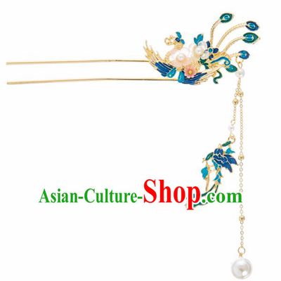 Chinese Ancient Hanfu Wedding Hair Accessories Traditional Blueing Phoenix Tassel Hairpins for Women