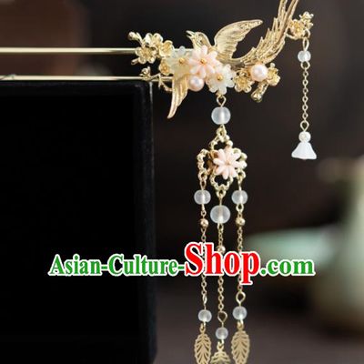 Chinese Ancient Hanfu Wedding Hair Accessories Traditional Golden Bird Tassel Hairpins for Women