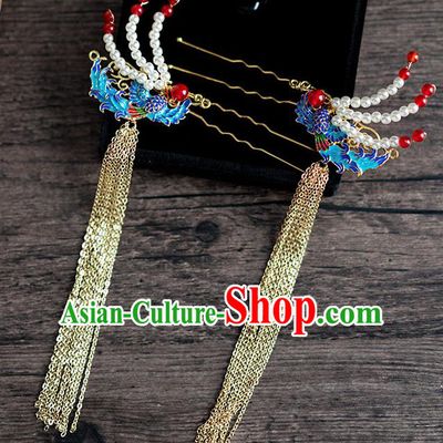 Chinese Ancient Hanfu Hair Accessories Traditional Wedding Blueing Phoenix Tassel Hairpins for Women
