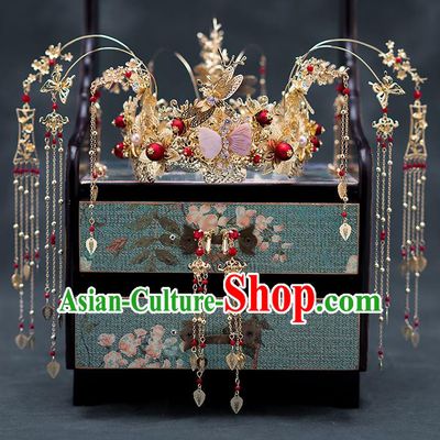Chinese Ancient Wedding Hair Accessories Traditional Bride Hanfu Hairpins Tassel Phoenix Coronet for Women