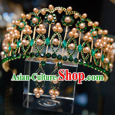 Handmade Baroque Hair Accessories Princess Wedding Green Gem Pearls Royal Crown for Women