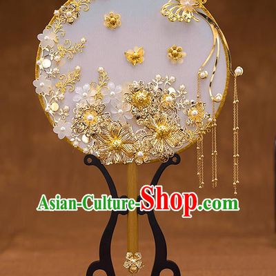Chinese Ancient Bride Accessories Traditional Wedding Classical Golden Flowers Palace Fans for Women