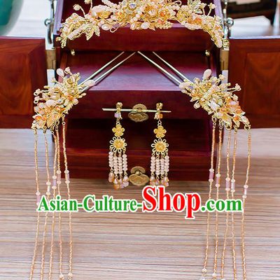 Chinese Ancient Wedding Beads Phoenix Coronet Hair Accessories Traditional Hanfu Tassel Hairpins for Women