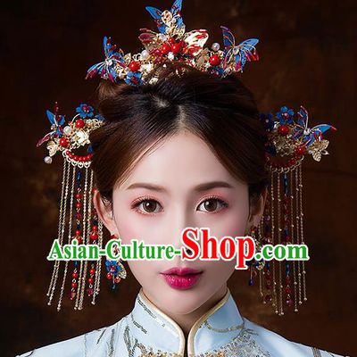 Chinese Ancient Queen Blue Butterfly Phoenix Coronet Hair Accessories Traditional Hanfu Tassel Hairpins for Women