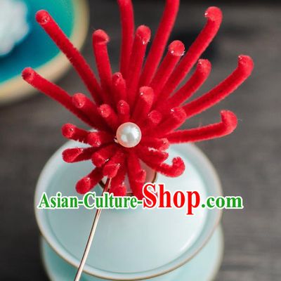 Chinese Ancient Queen Hair Accessories Traditional Hanfu Red Chrysanthemum Hairpins for Women