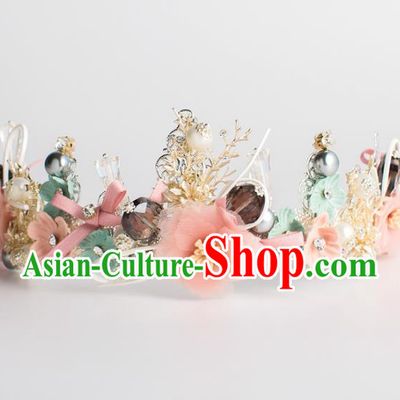 Handmade Wedding Hair Accessories Baroque Queen Pink Silk Flowers Royal Crown for Women