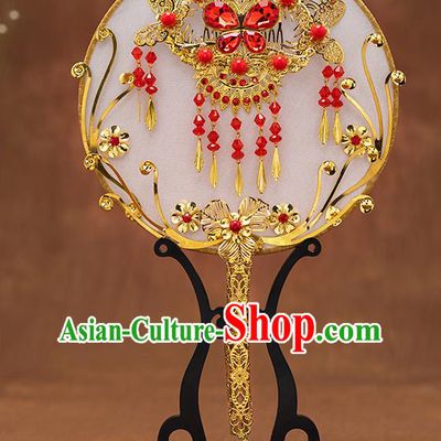 Chinese Ancient Bride Red Crystal Butterfly Round Fans Traditional Wedding Classical Palace Fans for Women