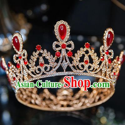 Handmade Wedding Bride Hair Accessories Baroque Red Crystal Royal Crown for Women
