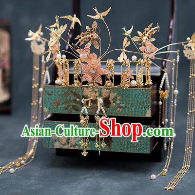 Chinese Ancient Palace Hair Accessories Hairpins Traditional Bride Golden Dragonfly Phoenix Coronet for Women