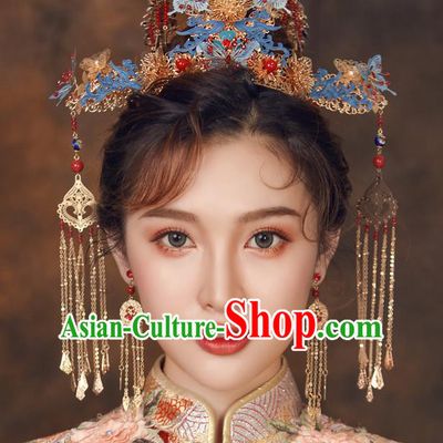 Chinese Ancient Palace Hair Accessories Hairpins Traditional Bride Blue Butterfly Phoenix Coronet for Women