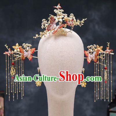 Chinese Ancient Palace Hair Accessories Hairpins Traditional Bride Red Crystal Butterfly Phoenix Coronet for Women