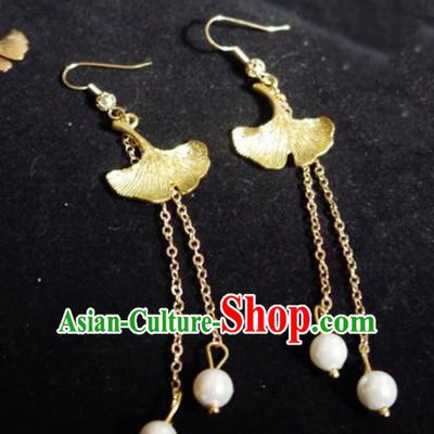 Chinese Ancient Hanfu Jewelry Accessories Traditional Wedding Golden Ginkgo Leaf Earrings for Women