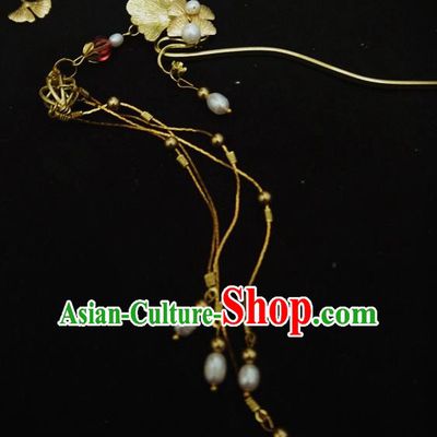 Chinese Ancient Hair Accessories Traditional Bride Hanfu Pearls Tassel Ginkgo Hairpins for Women