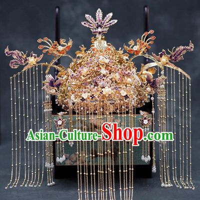 Chinese Ancient Palace Hair Accessories Hairpins Traditional Bride Purple Phoenix Coronet for Women