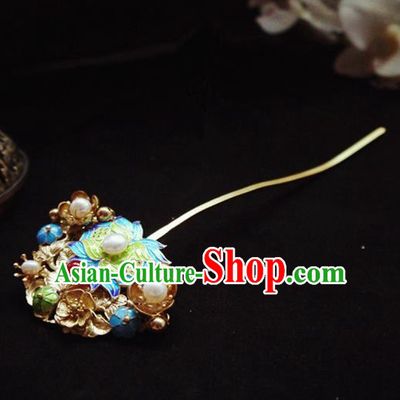 Chinese Ancient Hair Accessories Blueing Peony Pearls Hair Clip Traditional Bride Hanfu Hairpins for Women
