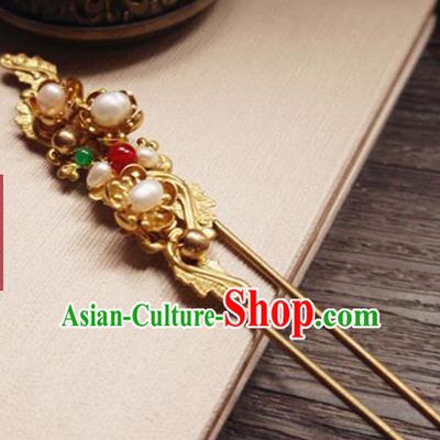 Chinese Ancient Hair Accessories Classical Pearls Golden Hair Clip Traditional Bride Hanfu Hairpins for Women