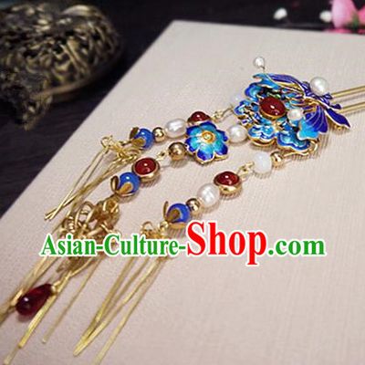 Chinese Ancient Hair Accessories Classical Blueing Hair Clip Traditional Bride Hanfu Hairpins for Women