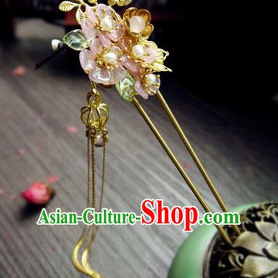 Chinese Ancient Hair Accessories Classical Pink Flowers Hair Clip Traditional Hanfu Tassel Hairpins for Women