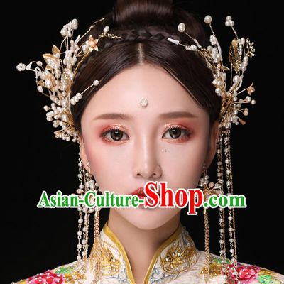 Chinese Ancient Bride Hair Accessories Traditional Wedding Pearls Tassel Hair Clasp Hanfu Hairpins for Women