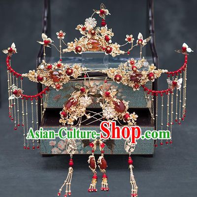 Chinese Ancient Bride Agate Hair Accessories Traditional Wedding Hanfu Hairpins Complete Set for Women