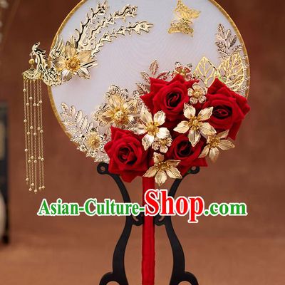 Chinese Ancient Bride Phoenix Tassel Round Fans Traditional Wedding Classical Palace Fans for Women