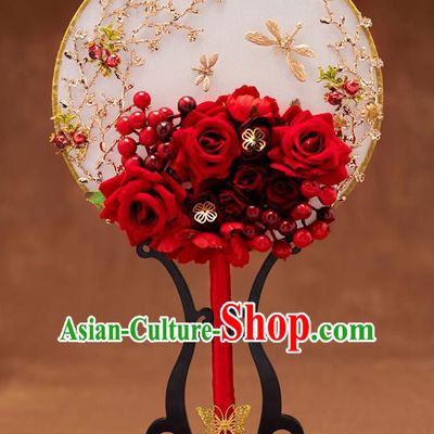 Chinese Ancient Bride Red Roses Round Fans Traditional Wedding Classical Palace Fans for Women
