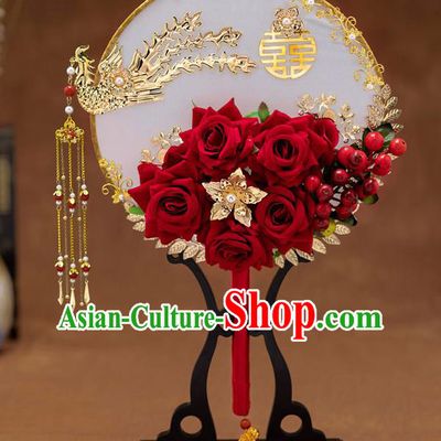 Chinese Ancient Bride Red Roses Round Fans Traditional Wedding Classical Phoenix Palace Fans for Women