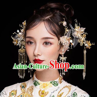 Chinese Ancient Bride Hair Accessories Traditional Wedding Hanfu Pink Silk Hairpins Complete Set for Women