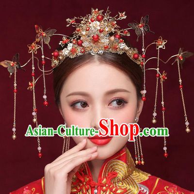 Chinese Ancient Bride Golden Phoenix Coronet Traditional Wedding Hair Accessories Hanfu Hairpins for Women