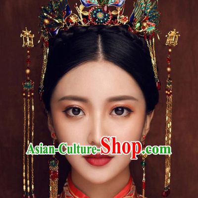 Chinese Ancient Queen Cloisonne Phoenix Coronet Traditional Wedding Hair Accessories Hairpins for Women