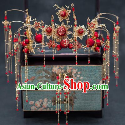 Chinese Ancient Bride Wedding Hairpins Traditional Red Beads Phoenix Coronet Hair Accessories for Women
