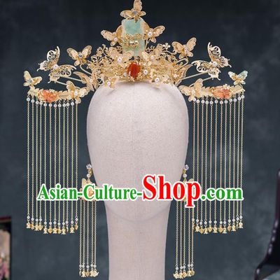Traditional Chinese Ancient Bride Wedding Jade Phoenix Coronet Hair Accessories for Women