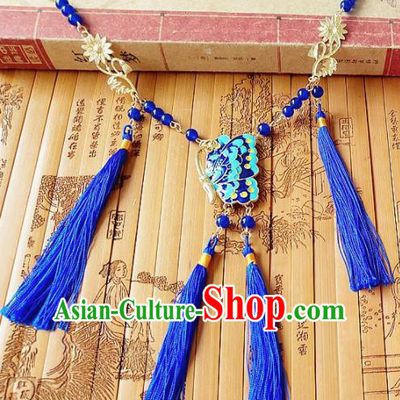 Chinese Ancient Bride Hanfu Accessories Traditional Palace Blue Tassel Necklace for Women
