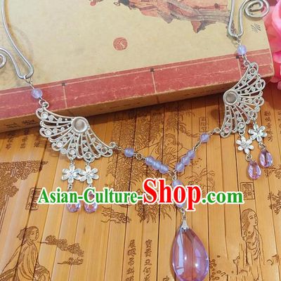 Chinese Ancient Bride Hanfu Accessories Traditional Palace Lilac Crystal Necklace for Women