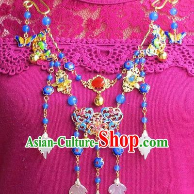 Chinese Ancient Bride Hanfu Accessories Traditional Palace Blueing Flowers Necklace for Women