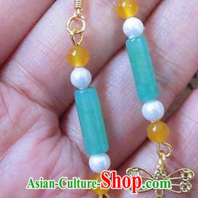 Chinese Ancient Princess Jewelry Accessories Traditional Jade Dragonfly Earrings for Women