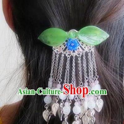 Chinese Ancient Princess Hair Accessories Traditional Hanfu Green Leaf Tassel Hair Comb Hairpins for Women