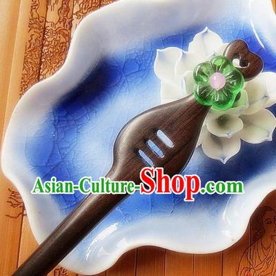 Chinese Ancient Princess Hair Accessories Traditional Hanfu Green Flower Ebony Hairpins for Women